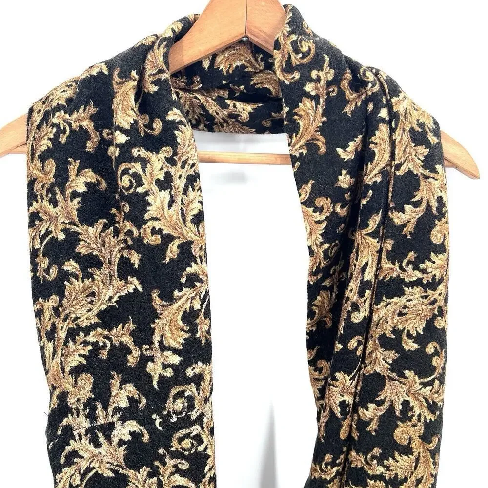 Vintage Chaps Infinity Scarf - Black Tan Filigree Pattern Soft Neck Scarf
